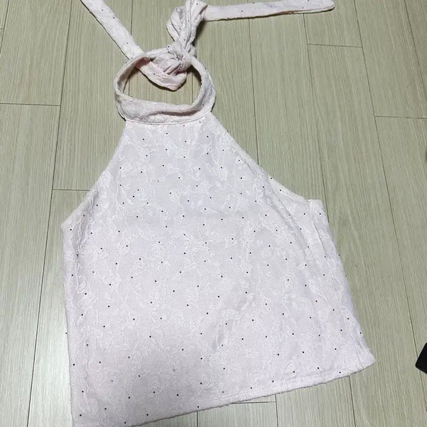 [BUNJANG] Pink Lace Halter Neck Tank Top / 핑크 레이스 홀터넥 나시