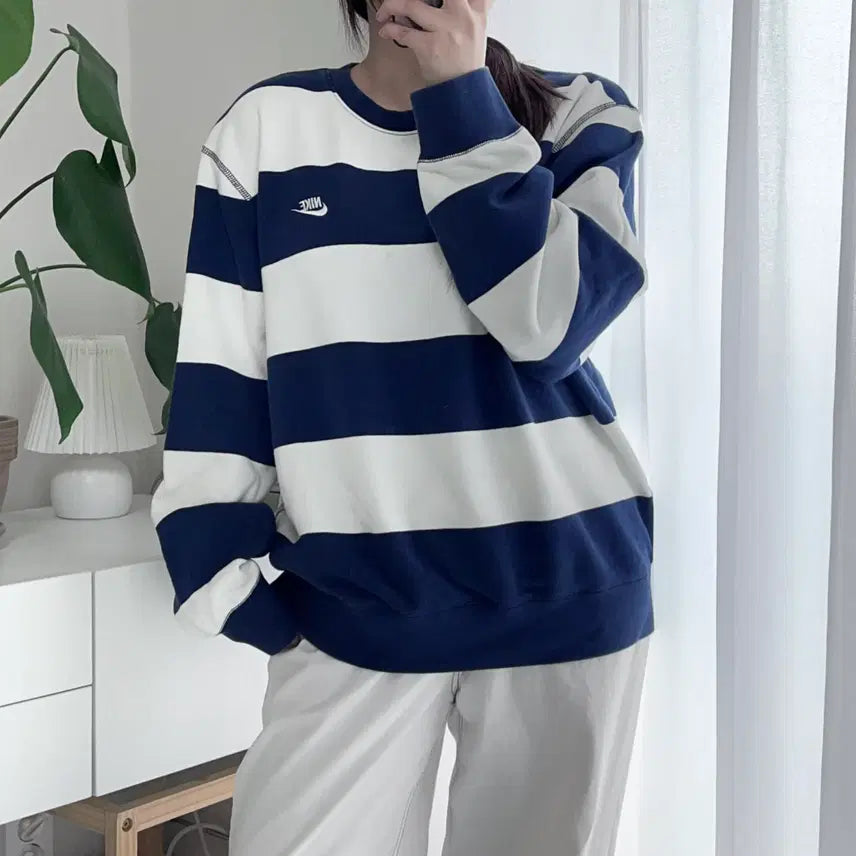 [BUNJANG] Nike Navy White Striped Sweatshirt XXL / 나이키 네이비화이트 단가라 맨투맨 [ XXL ]