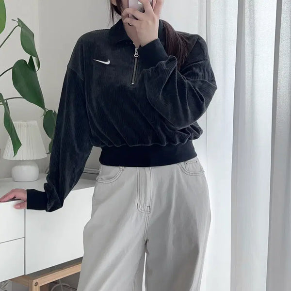 [BUNJANG] Nike Black Velvet Cropped Caravan Zip-Up Jacket (M) / 나이키 블랙 벨벳 크롭 카라반집업 [ M ]