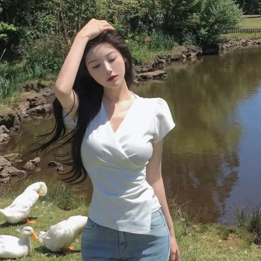 [BUNJANG] Highclassic Pureline Summer Wrap Blouse White M / (새상품) 하이클래식 퓨어라인 여름 랩 블라우스