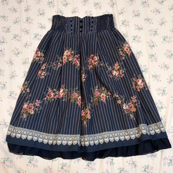 [BUNJANG] Axe's Farm Vintage Japanese Floral Stripe Lace Midi Skirt / 일본 빈티지 엑시즈팜 플라워 플로럴 스트라이프 장미 레이스 미디 스커트 오리엔탈 히메갸루 페어리 네이비