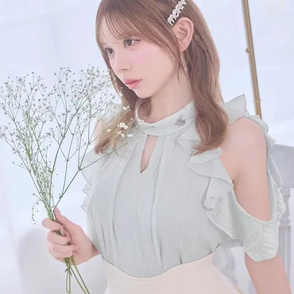 [BUNJANG] Michelle Macaron Ribbon Ruffle Off-Shoulder Blouse Blue-Gray / 미셸마카롱 리본러플오프숄더 블라우스 블루그레이 미즈이로
