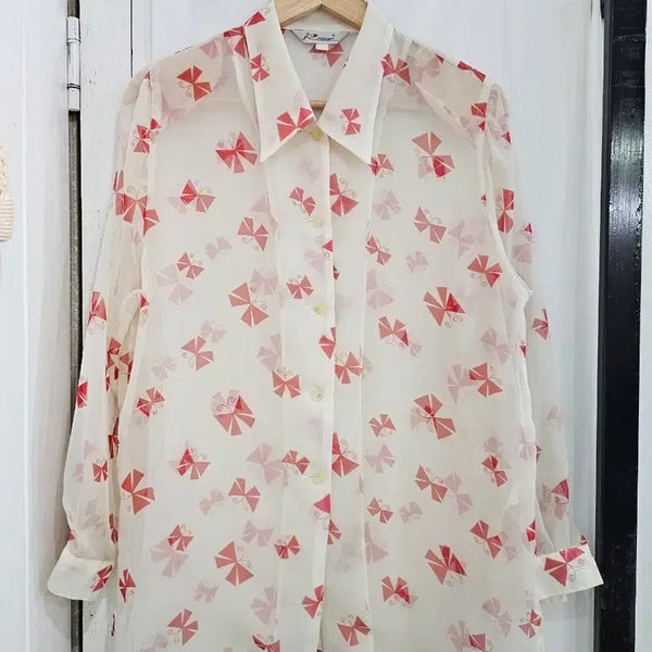 [BUNJANG] Sheer Butterfly Pattern Blouse with Collar / 여성 블라우스 시스루 나비패턴 긴팔 카라 루즈핏 BL