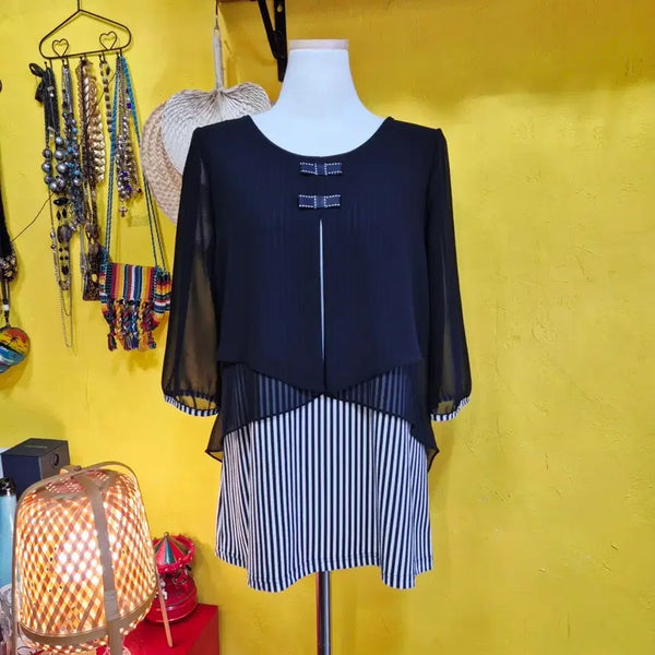 [BUNJANG] Black Contrast Stripe Blouse / 블랙 배색 스트라이프 블라우스