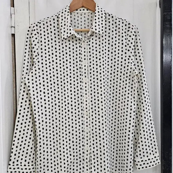 [BUNJANG] Women's Long Sleeve Pattern Blouse - Ivory/Black (Size 77) / 여성 블라우스 M 아이보리 블랙 패턴 긴팔 기본핏 봄 가을블라우스 사이즈 95(77)