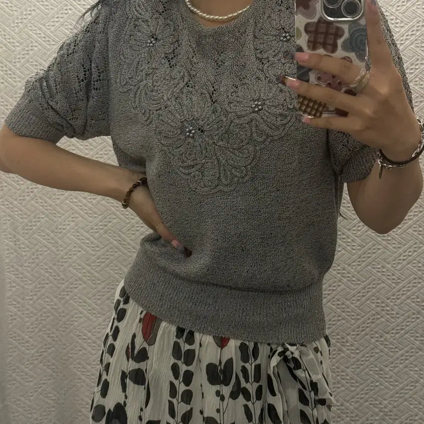 [BUNJANG] Vintage Japan Bohemian Trimmed Crochet Flower Short Sleeve Knit / 빈티지 재팬 보헤미안 트리밍 크로셰 플라워 반팔 니트 K0608