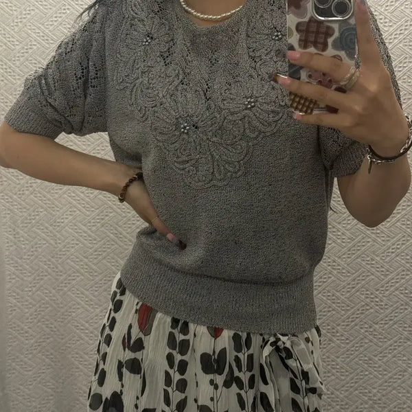 [BUNJANG] Vintage Japan Bohemian Trimmed Crochet Flower Short Sleeve Knit / 빈티지 재팬 보헤미안 트리밍 크로셰 플라워 반팔 니트 K0608