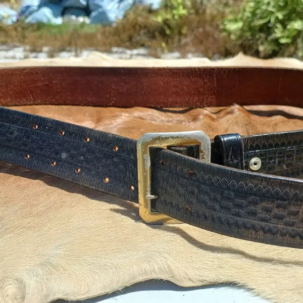 [BUNJANG] L.U. TURNER Tooling Leather Double Prong Buckle Belt 38 inch / 툴링 레더 더블 핀 버클 통가죽 벨트 (38인치 / MADE BY L.U.TURNER CHATTANOOGA TENN.)