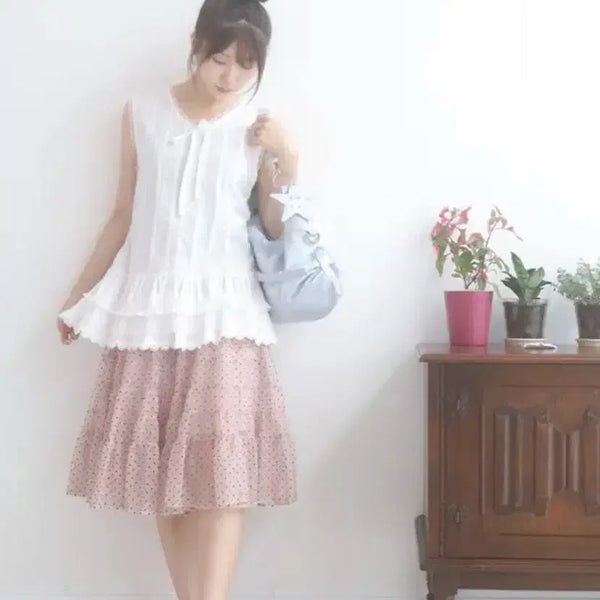[BUNJANG] Kayura Dot Skirt and Cancan Blouse Set / 쿠루미코디set/ 니지 도트 스커트 + 캉캉 나시 블라우스 세트