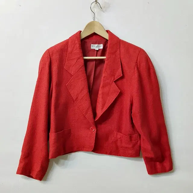 [BUNJANG] VIVID LADY Silk Linen Herringbone Crop Jacket Red / VIVID LADY 실크 린넨 헤링본 크롭 자켓 레드