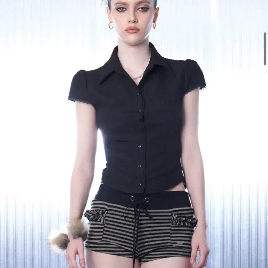 [BUNJANG] Hilda Lacey Bow Shirt Black Medium / 힐다 레이시 보우 셔츠 M