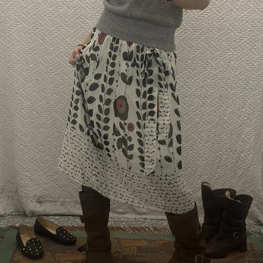 [BUNJANG] Vintage Japan Dot Flower Ribbon Sheer Long Skirt / 빈티지 재팬 도트 플라워 리본 벨트 시어 롱스커트 K0612