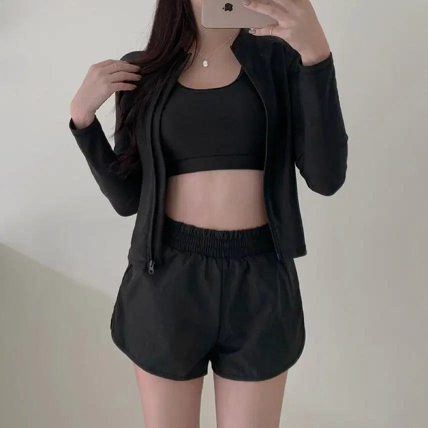 [BUNJANG] 3-Piece Rash Guard Set with Zipper Top, Sports Bra, and Cover-Up Shorts / 래쉬가드 비치웨어 3피스 나그랑 배색라인 포인트집업 해외여행 물놀이 개미허리 커버반바지 세트