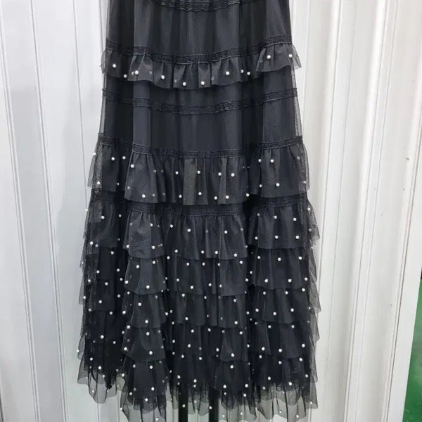 [BUNJANG] Pearl Beads Lace Tiered Long Skirt / 진주 비즈 레이스 캉캉 스커트