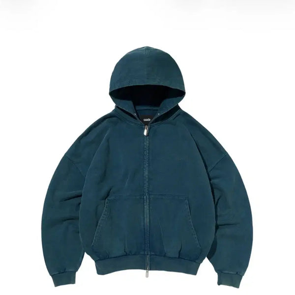[BUNJANG] Suede Cropped Washed Hooded Zip-Up Deep Green / 스웨이드 크롭 워시드 후드집업 딥그린