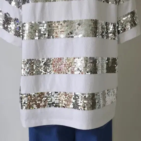 [BUNJANG] Romancic Sequin Stripe Short Sleeve T-Shirt / 로맨시크 스팽글 스트라이프 반팔 티셔츠 새상품