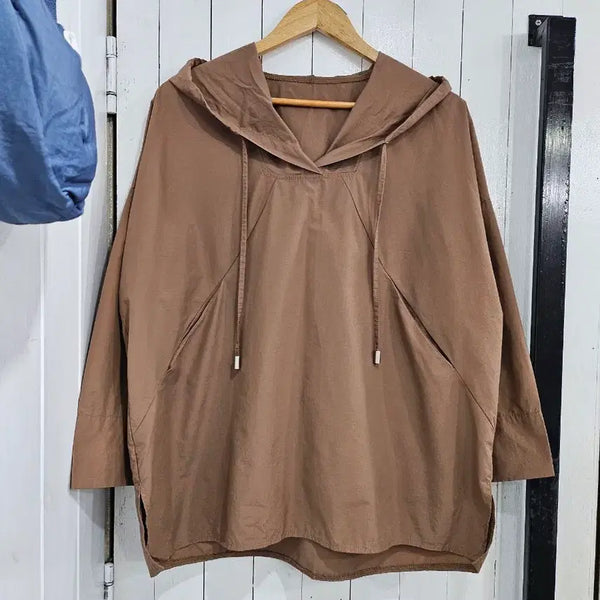 [BUNJANG] Women's Lightweight Twill Hooded T-Shirt, Loose Fit, Free Size, Brown / 새상품 여성 바스락 후드티 Free 브라운 긴팔 봄 가을 얇은 후드티셔츠 루즈핏 새제품