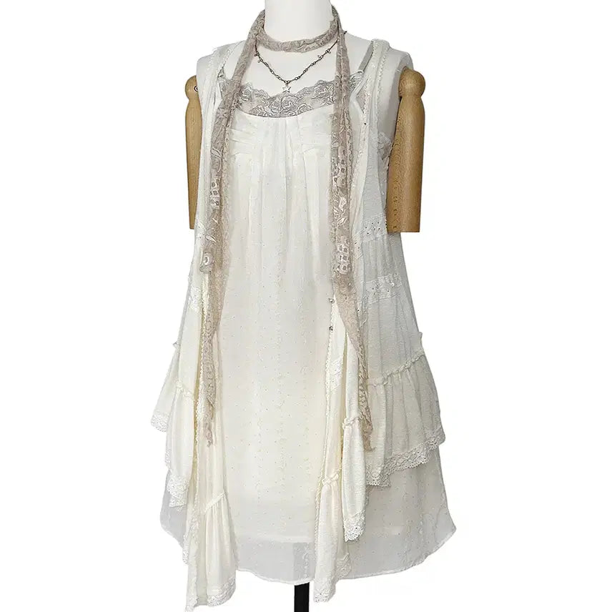 [BUNJANG] Vintage Ribbon Pintuck Chiffon Mini Dress / 일본빈티지 리본핀턱 쉬폰끈나시미니원피스 모리걸갸루y2k히피에스닉