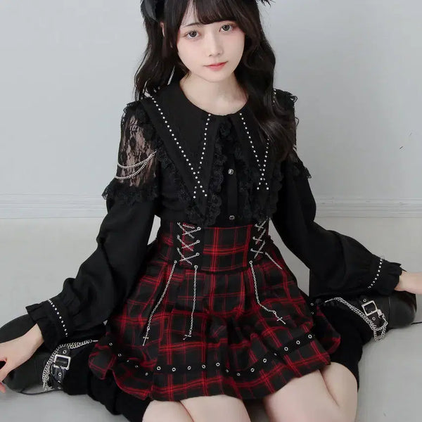 [BUNJANG] DearMyLove Chain Lace-up Eyelet Cross Pleated Skirt / 디어마이러브 디마럽 체인 레이스업 아일렛 테이프 십자가 레이스 플리츠 스커트