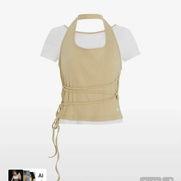 [BUNJANG] Second Salt Strap Layered Halterneck Ribbed T-Shirt / 미착용) 세컨드솔트 스트랩 레이어드 홀터넥 티셔츠