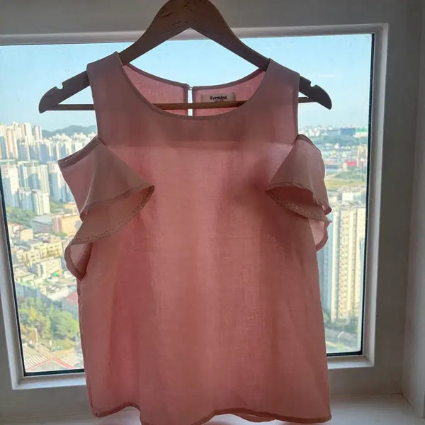 [BUNJANG] Pink Linen Frill Blouse / 핑크 린넨 프릴 블라우스(새상품)