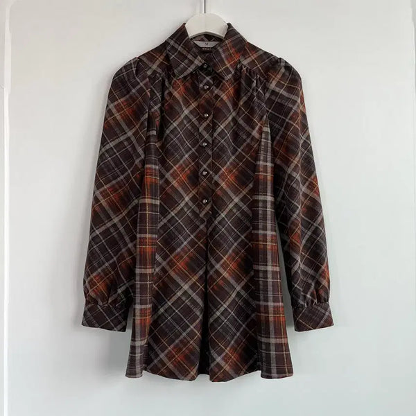 [BUNJANG] SI Check Pattern Shirring Shirt Blouse Brown / SI 체크 패턴 셔링 셔츠 브라운 블라우스