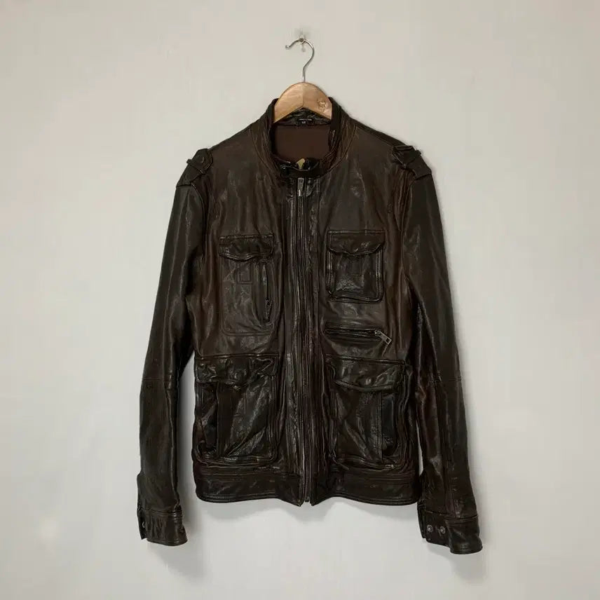 [BUNJANG] Vintage Italian Lambskin Leather Jacket with Pocket Zipper Detail (Brown) / 빈티지 이태리 양가죽 포켓 지퍼 디테일 유광 리얼레더 자켓 브라운