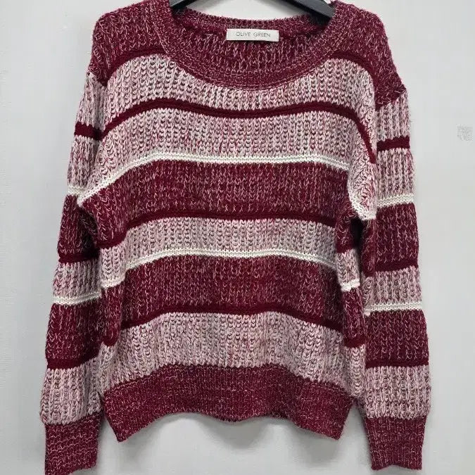 [BUNJANG] Olive Green Stripe Cropped Knit / 올리브그린 단가라 반크롭니트