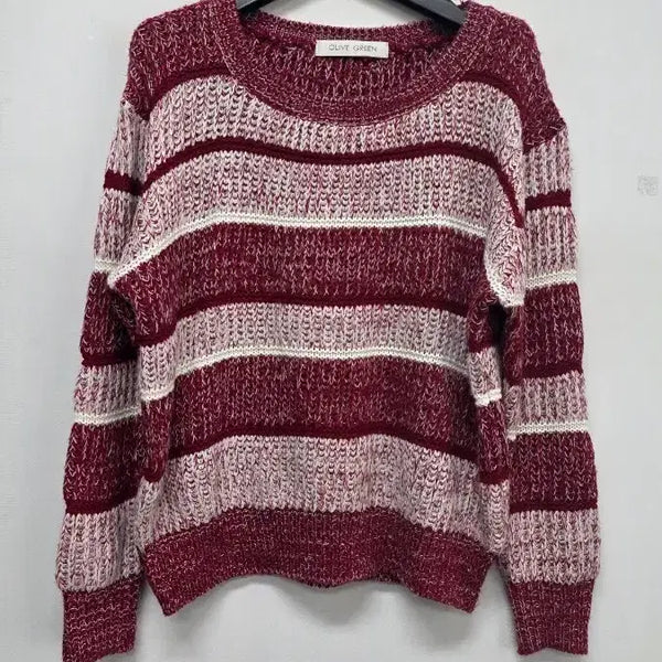 [BUNJANG] Olive Green Stripe Cropped Knit / 올리브그린 단가라 반크롭니트
