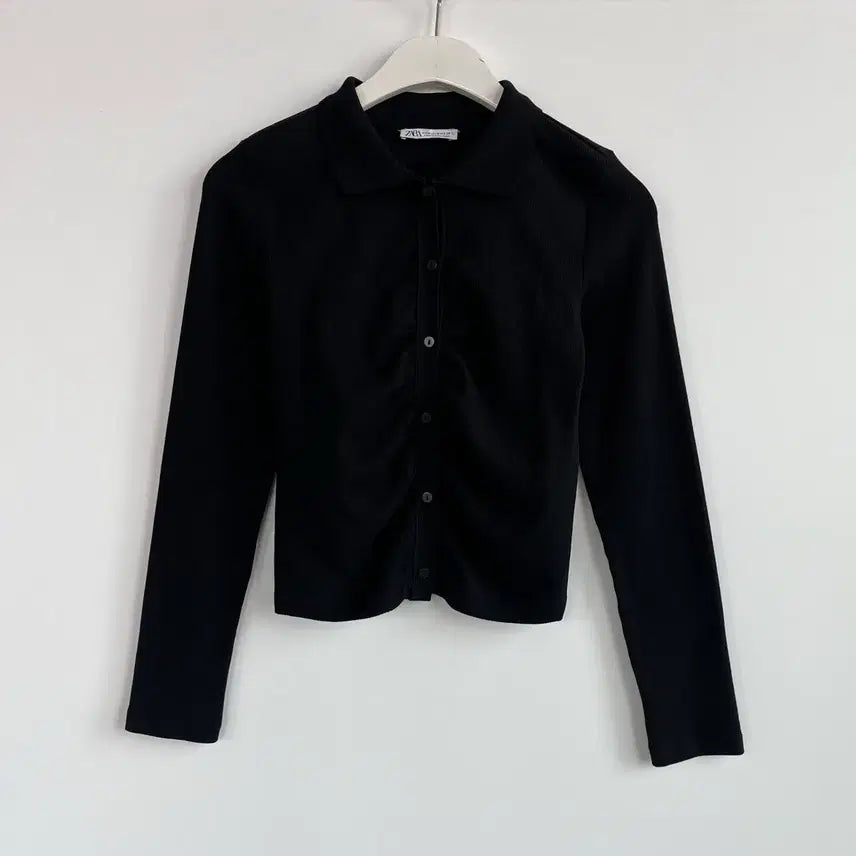 [BUNJANG] ZARA Black Ribbed Shirring Collar Cardigan M / ZARA 블랙 골지 셔링 카라 가디건 M