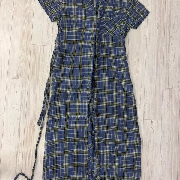 [BUNJANG] Linen Check Shirt Long Dress Short Sleeve / (새상품급)체크셔츠원피스 셔츠롱원피스 린넨셔츠롱원피스 반팔린넨셔츠