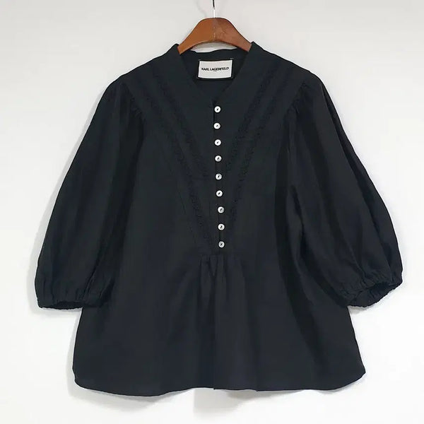 [BUNJANG] Karl Lagerfeld Silk Blend Lace Trim Blouse / 칼라거펠트 레이스배색 마100 블라우스 66