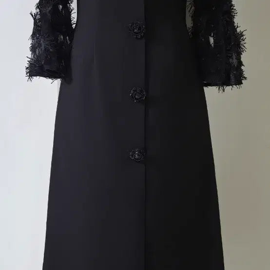 [BUNJANG] Romancic Black Long Dress with Feather Sleeve Detail / 로맨시크 블랙 롱 원피스