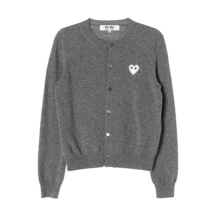 [BUNJANG] Comme des Garçons PLAY Wool Round Neck Cardigan Grey White Heart Patch / 꼼데가르송 플레이 화이트 하트 와펜 울 라운드넥 가디건 그레이