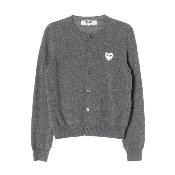 [BUNJANG] Comme des Garçons PLAY Wool Round Neck Cardigan Grey White Heart Patch / 꼼데가르송 플레이 화이트 하트 와펜 울 라운드넥 가디건 그레이