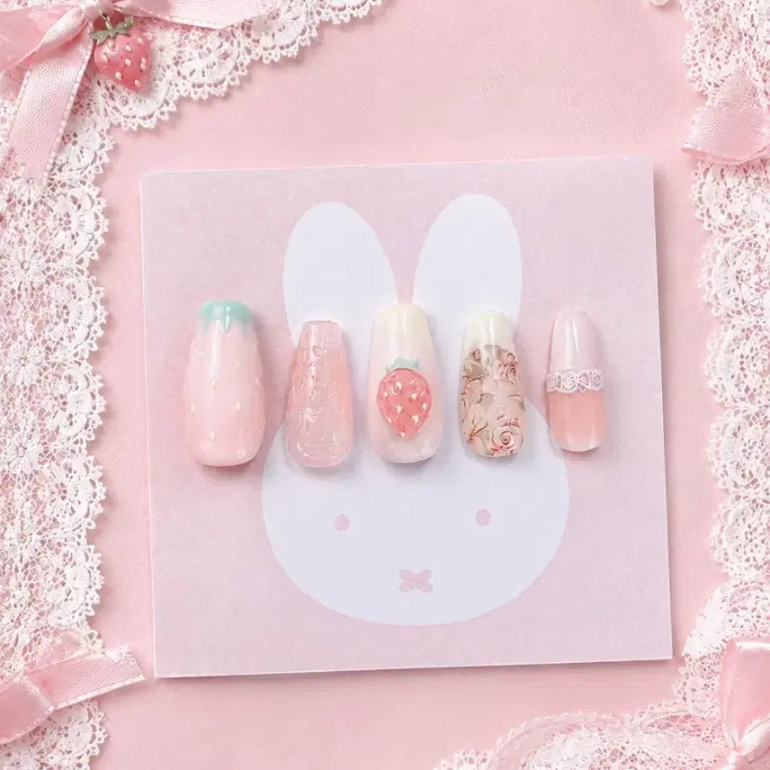 [BUNJANG] Handmade Strawberry Pink Nail Tips / 딸기 핑크 수제네일팁