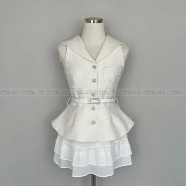 [BUNJANG] Imported Clothing Tweed Vest, Skirt, and Belt Three-Piece Set / 수입의류 트위드 조끼 치마 벨트 쓰리피스