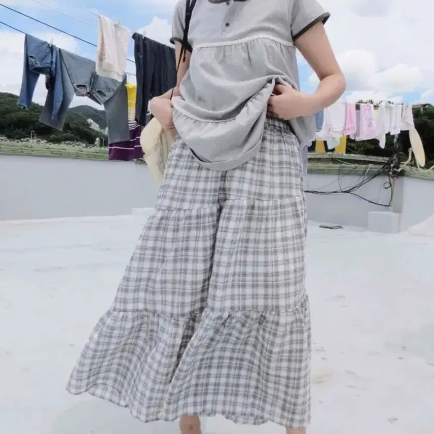 [BUNJANG] Mori Girl Check Frill Long Skirt / 모리걸 체크 프릴 롱스커트