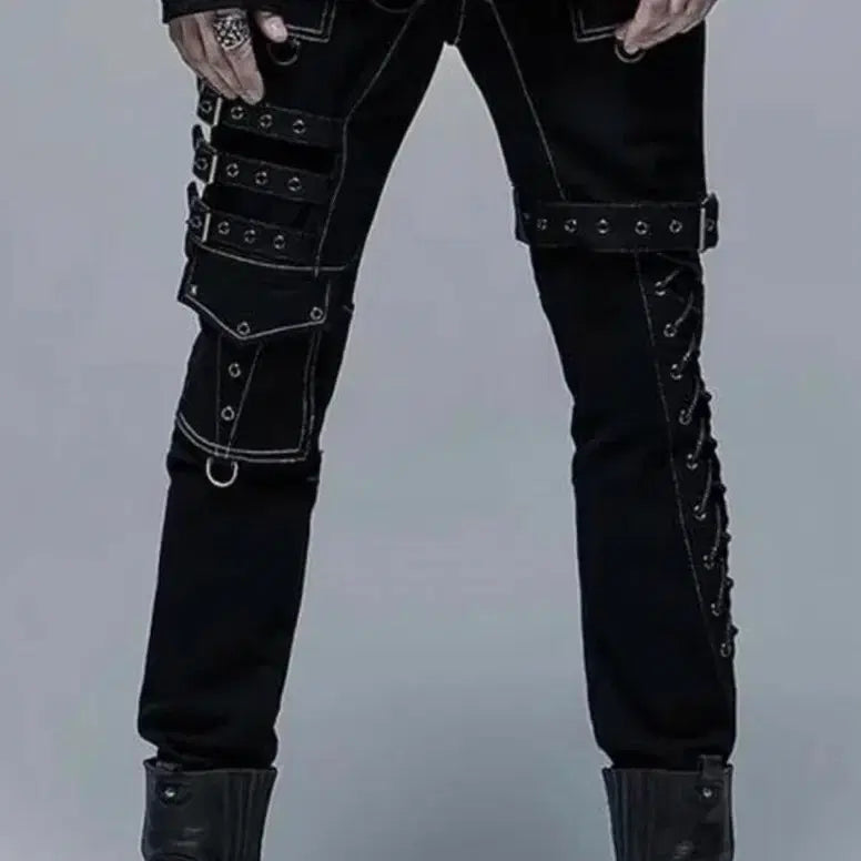 [BUNJANG] Punkrave Eyelet Buckle Deadbeat Strap Lace-up Pants White Stitch / Punkrave 펑크 레이브 아일렛버클 데드비트 스트렙 레이스업 화이트스티치 팬츠