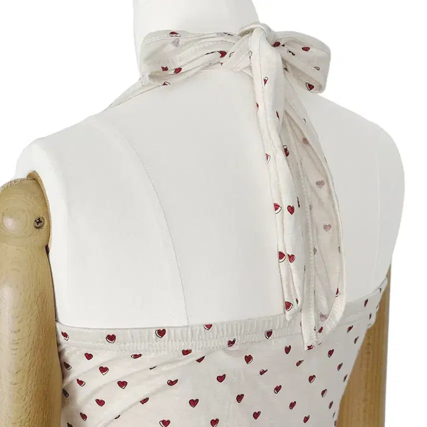 [BUNJANG] Vintage Heart Pattern Halter Neck Sleeveless Top Mori Girl Gyaru Y2K Hippie Ethnic / 일본빈티지 하트패턴 홀터리본넥 민소매나시티 모리걸갸루y2k히피에스닉