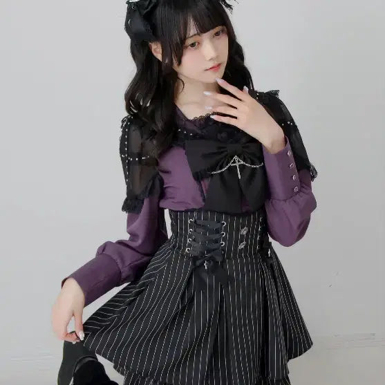 [BUNJANG] Dear My Love Cross Stud Lace Frill Sailor Blouse / 디어마이러브 디마럽 크로스 스터드 레이스 프릴 세일러 블라우스