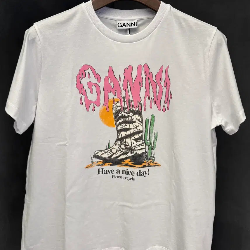 [BUNJANG] GANNI Western Zebra Boots Print White T-Shirt / 가니 웨스턴 지브라 부츠 프린트 화이트 티셔츠