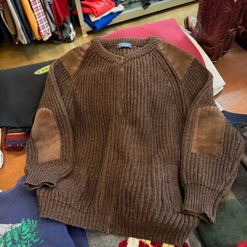 [BUNJANG] BRENIRE Suede Patch Heavy Wool Knit Zip-Up Cardigan / BRENIRE 스웨이드 패치 헤비 울 니트 집업 가디건 M L