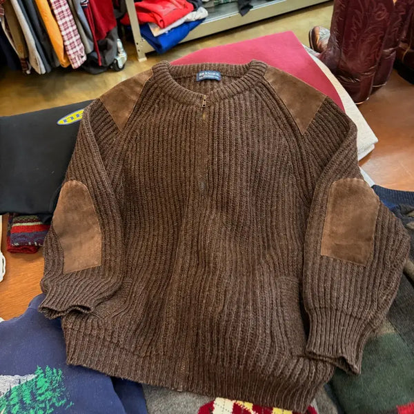 [BUNJANG] BRENIRE Suede Patch Heavy Wool Knit Zip-Up Cardigan / BRENIRE 스웨이드 패치 헤비 울 니트 집업 가디건 M L
