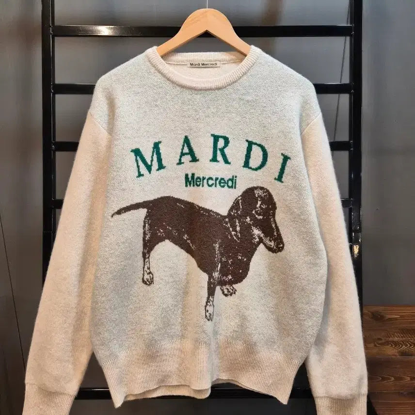 [BUNJANG] Mardi Mercredi Dachshund Cashmere Wool Knit Sweater Ivory / [FREE] 마르디 메크르디 Mardi Mercredi 아이보리 닥스훈트 캐시미어 울 니트 스웨터 7.9