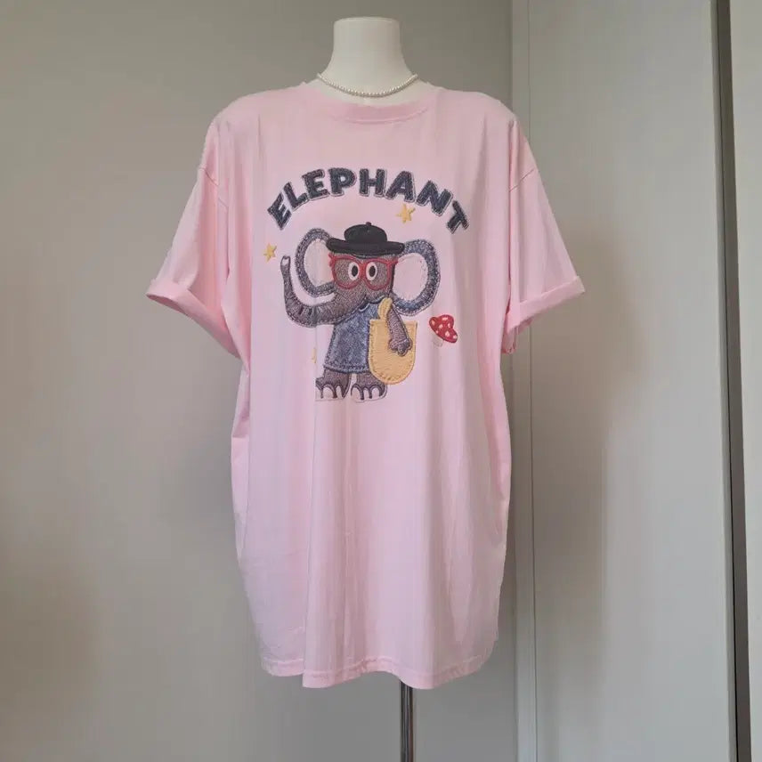 [BUNJANG] Pink Elephant Character Short Sleeve T-Shirt / 핑크 코끼리 캐릭터 반팔 티셔츠