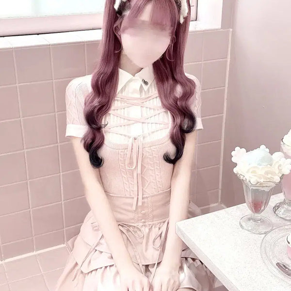 [BUNJANG] HONEY MEW Lace-up Short Sleeve Knit Top / HONEY MEW 허니뮤 레이스업 블라우스 도킹 반팔 니트