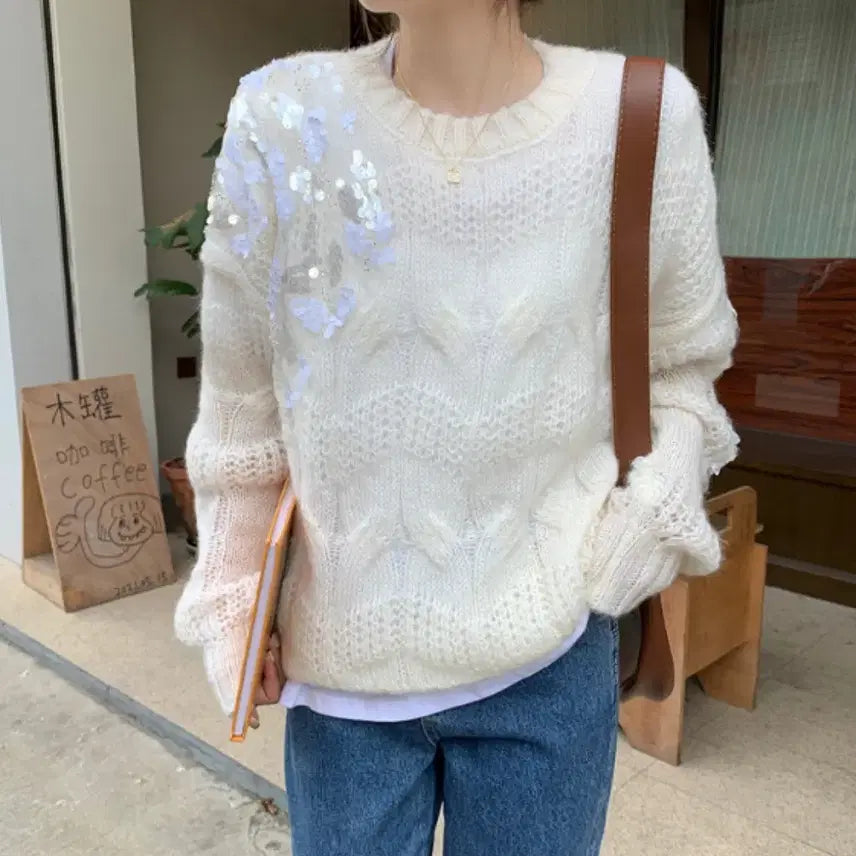 [BUNJANG] Women's Sequin Detail Mesh Knit Sweater (Ivory) / [새상품/8,000원]여성 반짝반짝 스팽글 포인트 펀칭 그물 루즈핏 꽈배기 니트(아이보리)