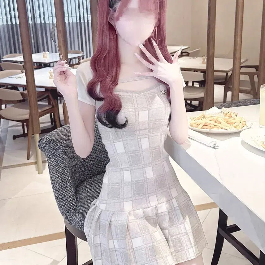 [BUNJANG] Honey Mew Double Strap Layered Check Dress / HONEY MEW 허니뮤 더블 스트랩 레이어드 체크 원피스