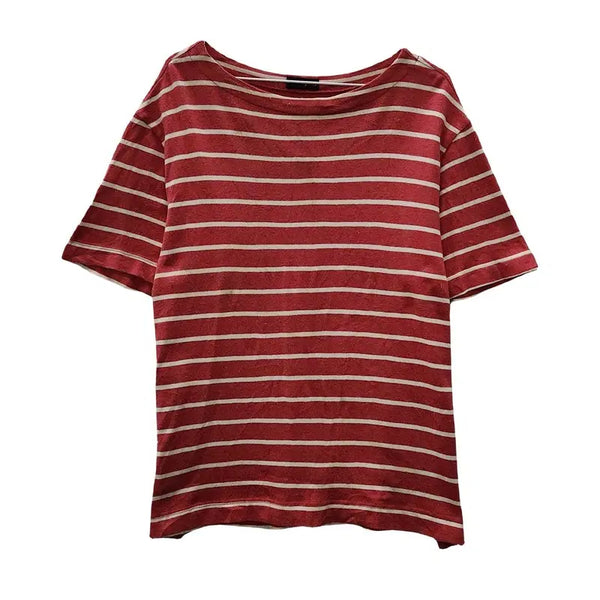[BUNJANG] Vintage Preppy Stripe Red Short Sleeve T-Shirt L Made in Japan / 빈티지 프레피 스트라이프 레드 반팔 티 L MADE IN JAPAN